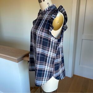 NWT LOFT Women’s Navy Plaid Flutter Sleeve Shell Top, size S